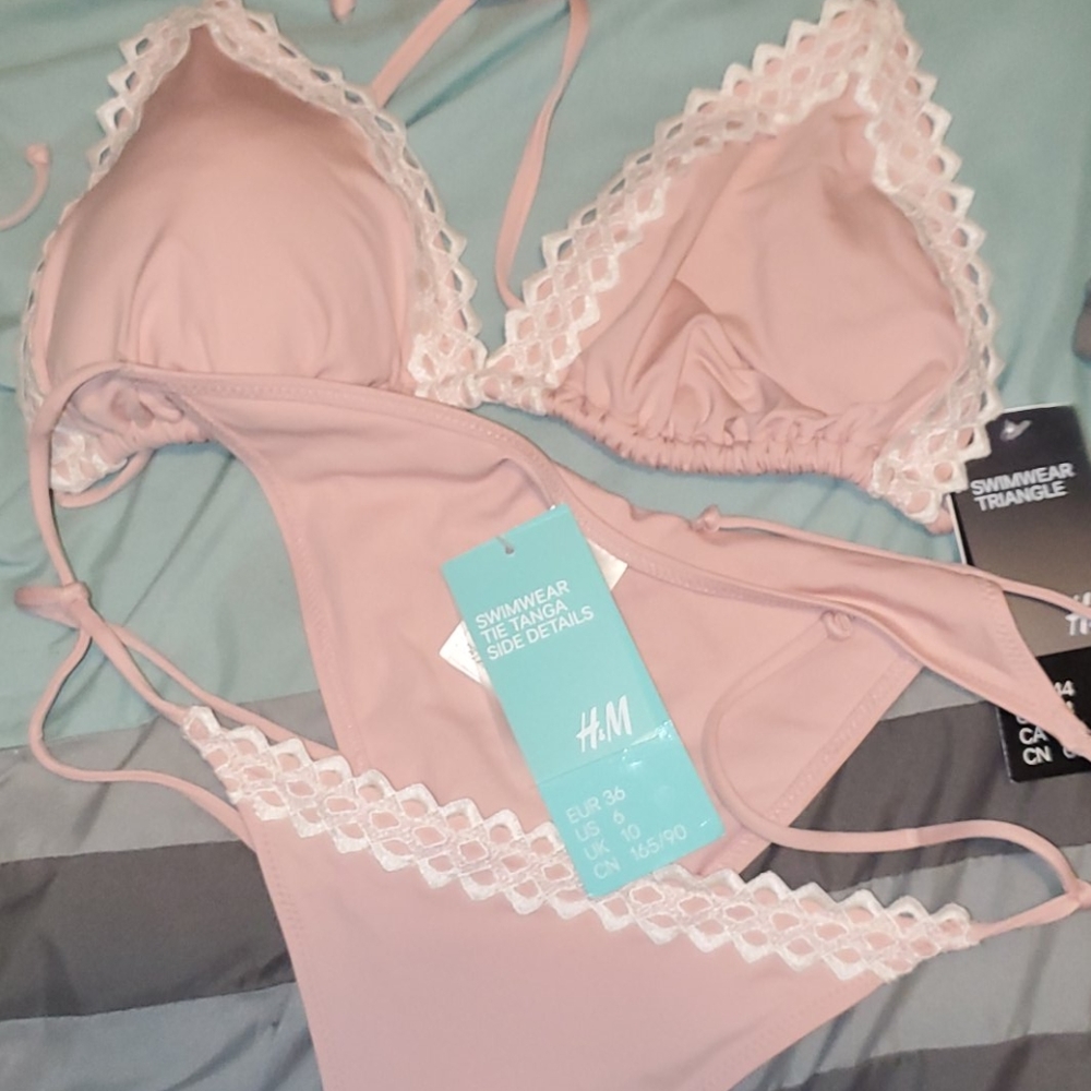 PINK w/white trim bikini size14 top~6 bottom